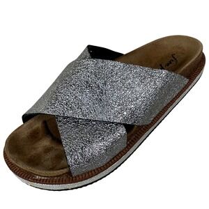 Free People Silver Glitter Cross Strap cork Slide Sandals sideline boho metallic